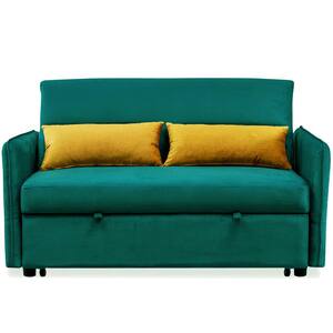 Modern 57 in. Green Velvet Fabric Sofa with Pull-Out Sleeper Bed with 2-Pillows Adjustable Backrest