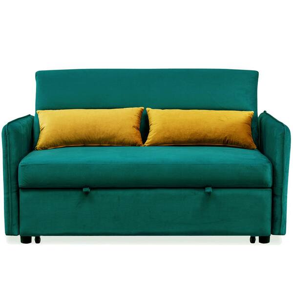 Unbranded Modern 57 in. Green Velvet Fabric Sofa with Pull-Out Sleeper Bed with 2-Pillows Adjustable Backrest