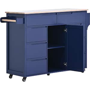 Blue Rubber Wood Countertop 53.1 in. W Kitchen Island with Adjustable Shelves, Spice Rack, Towel Holder