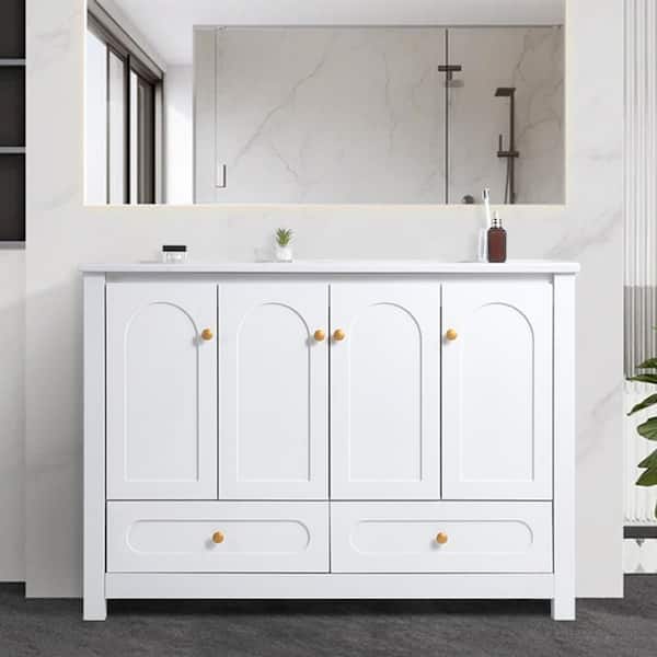 47.64 in. Single Sink Freestanding White Bath Vanity with White Ceramic Top, 4 Soft-Close Doors, 2 Drawer, Unassembled