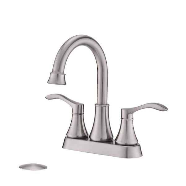 PERLIRIA INC Double Handle Deck Mount Bathroom Faucet with Drain, 360° 4 in. Centerset Bathroom Sink Faucet in Brushed Nickel