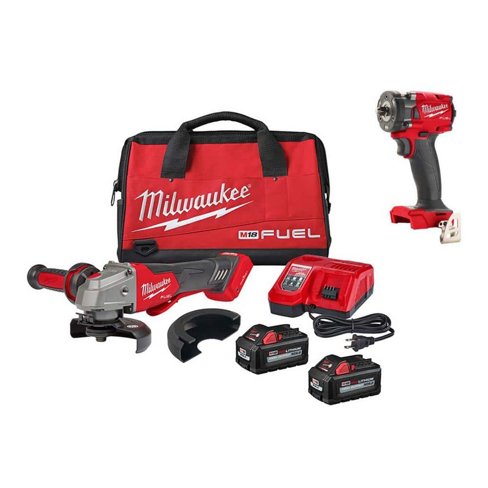 M18 FUEL 18-Volt Lithium-Ion Brushless Cordless 4-1/2 in./5 in. Braking Grinder Kit w/M18 FUEL Compact Impact Wrench -  Milwaukee, 2882-22-2854-20