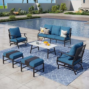 Black Meshed 7-Seat 6-Piece Metal Outdoor Patio Conversation Set with Peacock Blue Cushion Table with Marble Pattern Top