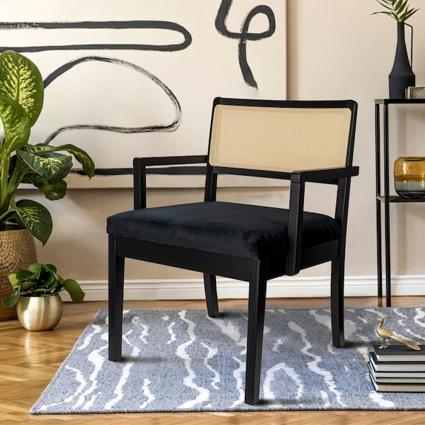 Storied Home Crawford Mid Century Black Velvet Upholstered Seat Armchair with Natural Woven Cane Back