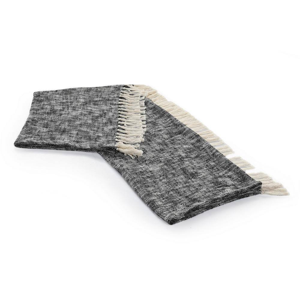 Black and Off-White Cotton Chambray Throw Blanket with Fringe, 60" x 50"
