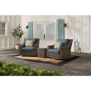 Rock Cliff Brown 3-Piece Wicker Outdoor Patio Seating Set with Sunbrella Denim Blue Cushions