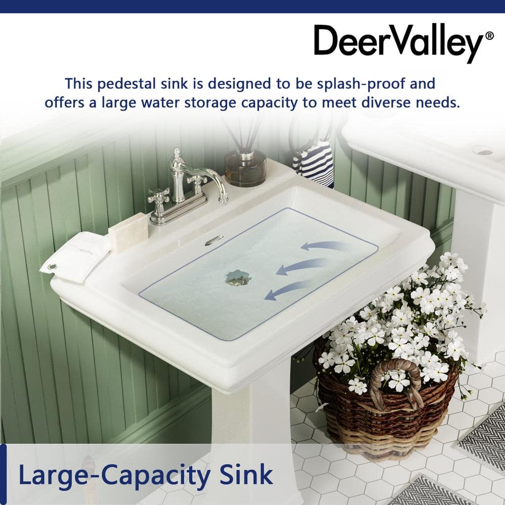 Elegant Apex White Ceramic 34" Rectangular Pedestal Sink with Overflow