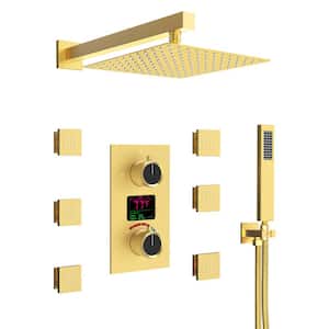 Double Handle 3-Spray 12 in. Wall Mount Shower Faucet 2.5 GPM with Body Spray in Brushed Gold Temperature Display