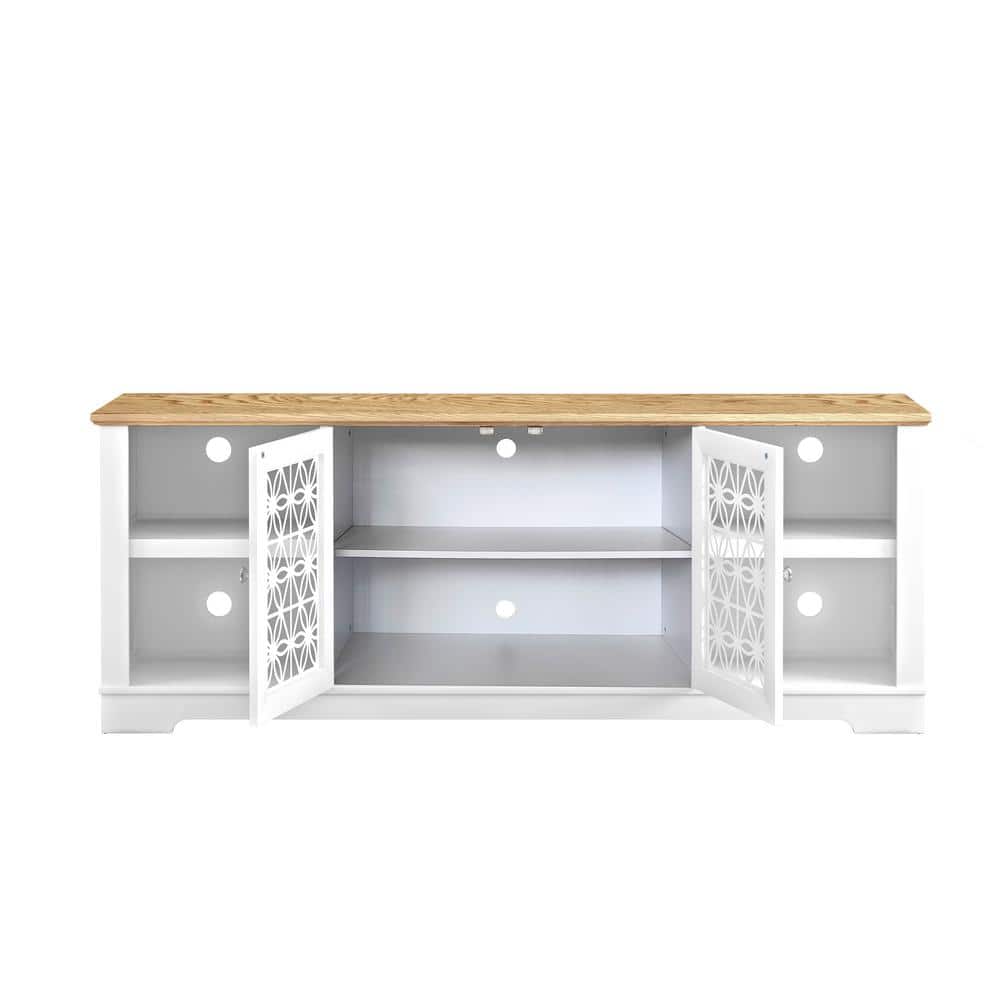 Grayish-White 70" TV Stand with Lattice Doors and Wood Top