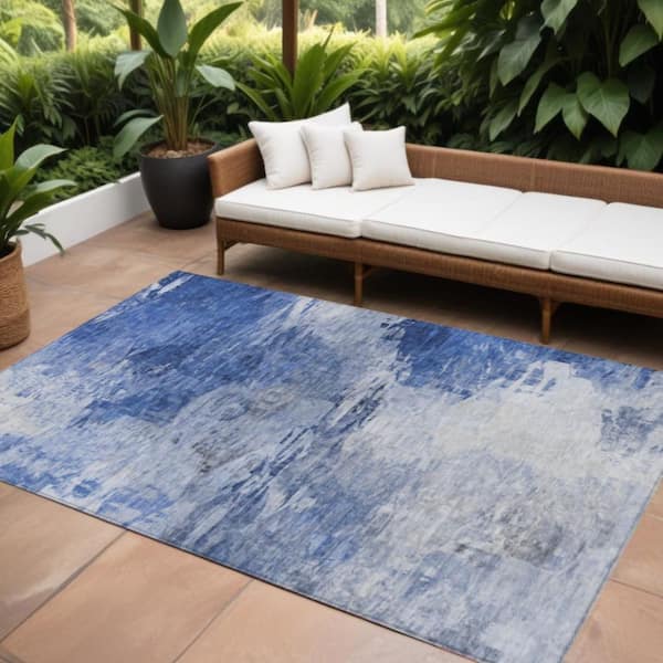 Denim Blue, Sky Blue 9 ft. x 12 ft. Woven Abstract Polyester Rectangle Indoor / Outdoor Area Rug