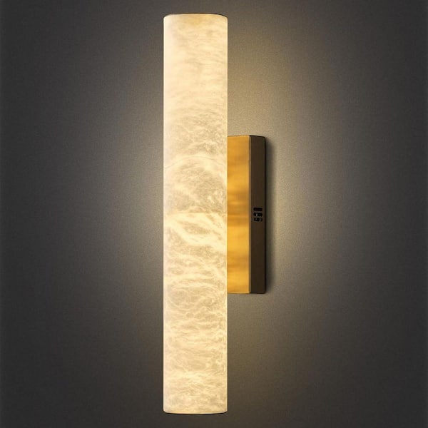 Gleam Flare 20" 1-Light Modern Gold LED Alabaster Wall Sconce, Cylinder Natural Marble Wall Light for Living Room, Bedroom, Hallway