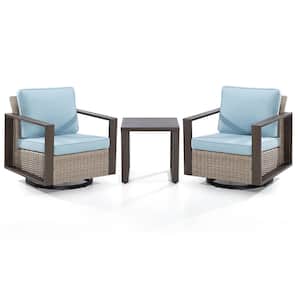 3-Piece Wicker Swivel Outdoor Rocking Chairs Patio Conversation Set with Metel Frame and Baby Blue Cushions