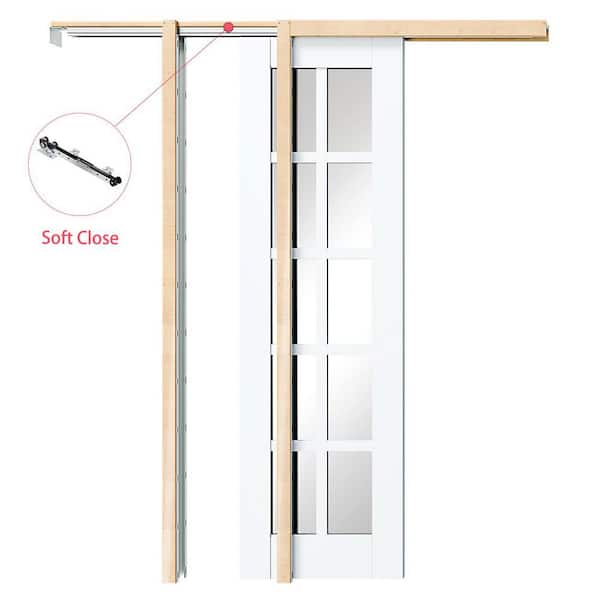 48 in. x 80 in. White Primed Solid Wood, 10 Lite Mirrored Glass, Sliding Pocket Door with Soft Close, Frame and Hardware