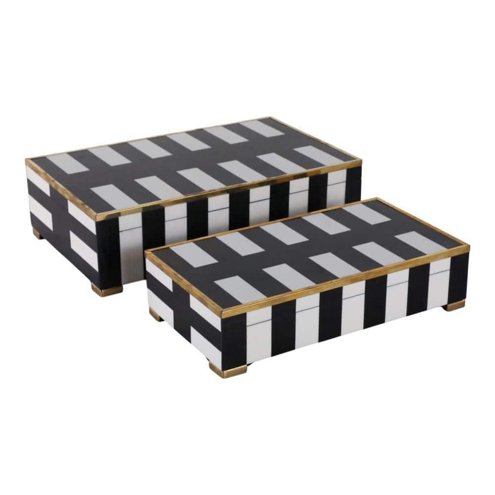 12 in. and 14 in. Black/White Resin Wood Footed Decorative Boxes (Set of 2)