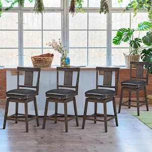 24 in. Brown Height Back Wood Frame Counter Height Swivel Bar Stool with Leather Seat(Set of 4)