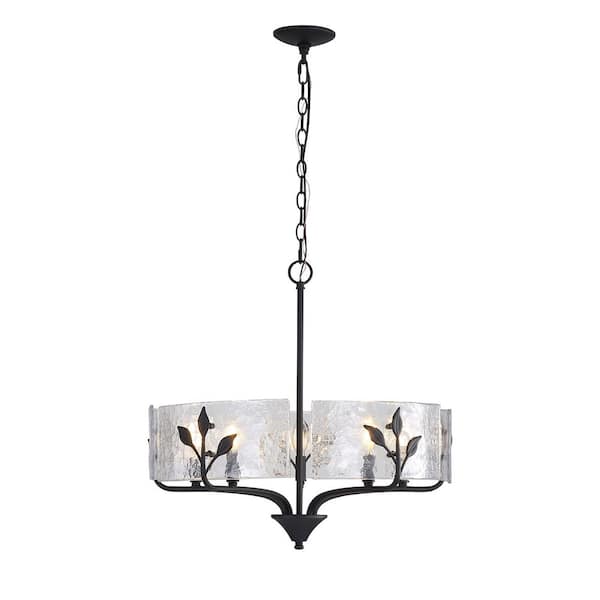 Bloem 60-Watt 5 Light Natural Black Drum Pendant Light with Hammered Water Glass and No Bulbs Included