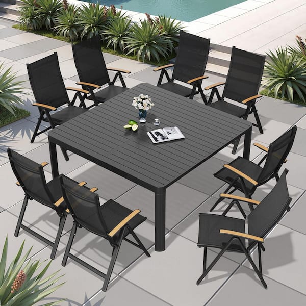 Pellebant 9-Piece Black Expandable Aluminium Rectangular Outdoor Patio Dining Set with Portable Back-Ajustable Chairs
