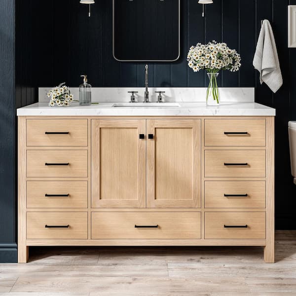 Cambridge 60 in. W x 22 in. D x 36 in. H Single Rectangle Sink Bath Vanity in Oak with Carrara White Quartz Top