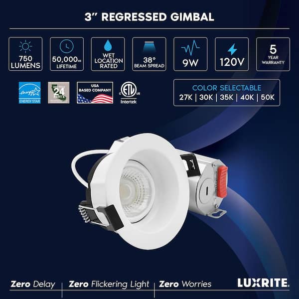 6-pack 3 in. Integrated LED Regressed Gimbal LED Light, 5CCT, 9W, 750LM, 360º + 30º Rotation, Dimmable, IC Rated, ETL