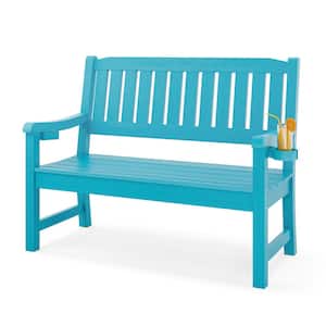 Lowis Sky Blue 2-Person Plastic Outdoor Bench with Cup Holder All-Weather HDPS Garden Bench Waterproof for Backyard