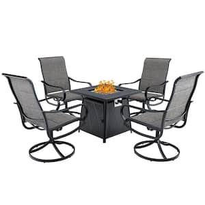 Black 5-Piece Metal Patio Fire Pit Set with Padded Textilene Swivel Chairs