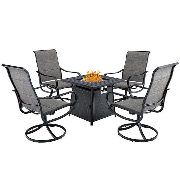 PHI VILLA Black 5-Piece Metal Patio Fire Pit Set with Padded Textilene Swivel Chairs