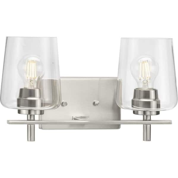 Progress Lighting Calais 14.62 in. 2-Light Brushed Nickel Vanity Light with Clear Glass Shades New Traditional for Bath and Vanity