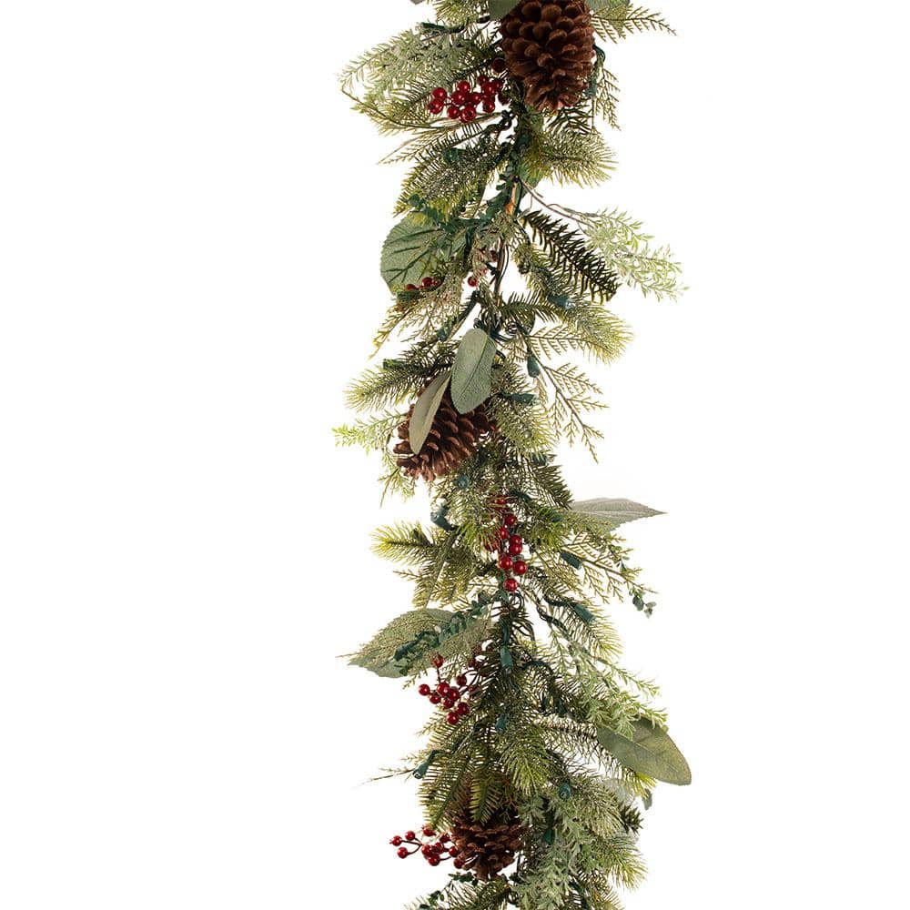 Frosted Pinecone 9ft LED Garland with Red Berries for Outdoor Decor