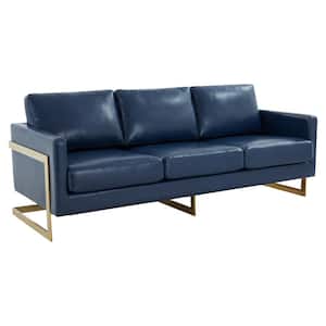 Lincoln 83 in. Square Arm Modern Upholstered Faux Leather 3-Seater Mid-Century Straight Sofa Gold Frame in Navy Blue