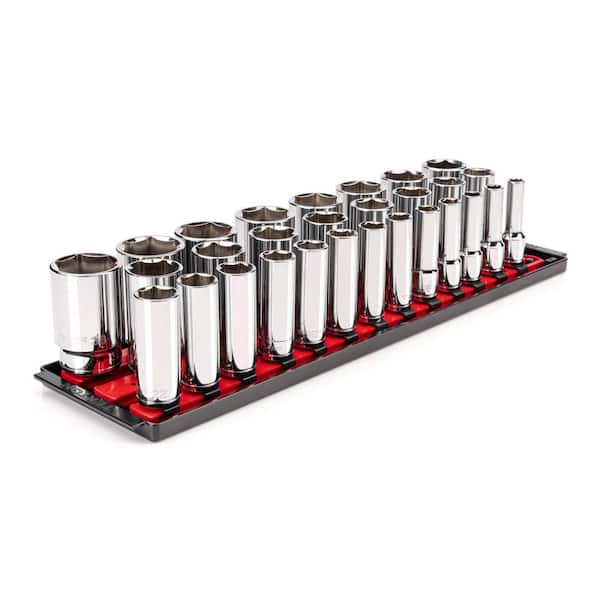 TEKTON 1/2 in. Drive Deep 6-Point Socket Set, (29-Piece) (10-38 mm) with Rails