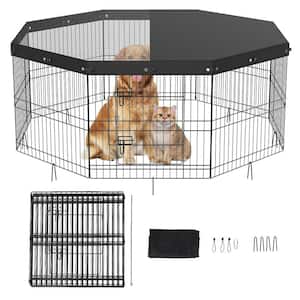 24" H 8 Panels Foldable Metal Dog Exercise Pen with Top Cover Pet Fence with Ground Stakes
