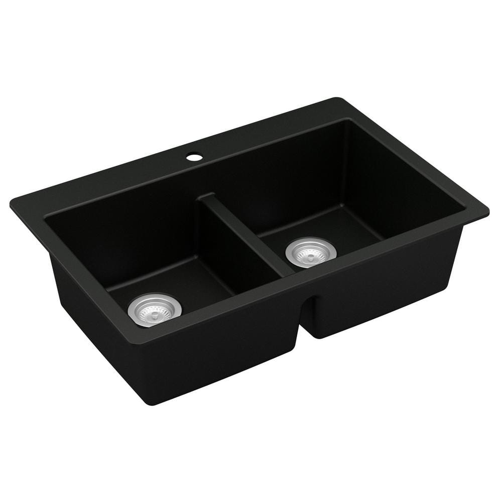Black Quartz Double Bowl Top Mount Kitchen Sink