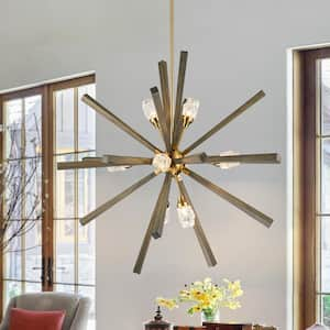 40.2 in. 8-Light Wood Sputnik Crystal Chandelier Classic Geometric Cluster Hanging Pendant Light