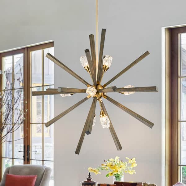 40.2 in. 8-Light Wood Sputnik Crystal Chandelier Classic Geometric Cluster Hanging Pendant Light