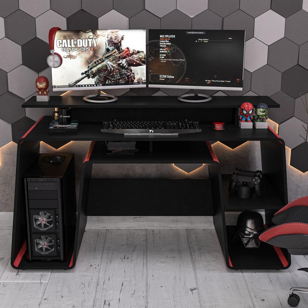 San Diego 57 in. Red and Black Multi Gaming Table with Elevated and Open Sh
