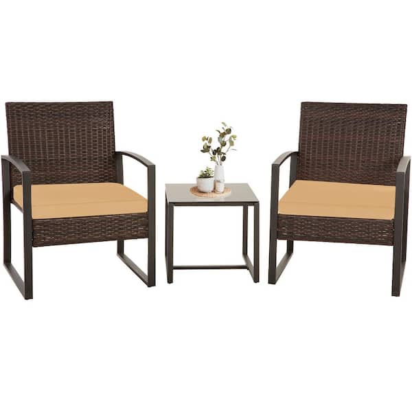 OVASTLKUY 3-Piece Brown Wicker Patio Conversation Set with Cushion