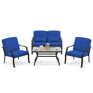 Black Metal Outdoor 2-Piece Loveseat with Blue Cushions