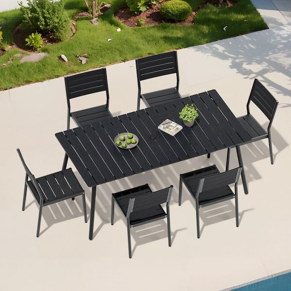7-Piece Aluminum Outdoor Dining Set 6 Stackable Dining Chairs and Dining Table with 1.61 in. Umbrella Hole in Black