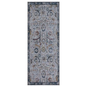 Non Shedding Washable Wrinkle-free Flatweave Floral 2x5 Indoor Living Room Area Rug, 20 in. x 59 in., Gray/Blue