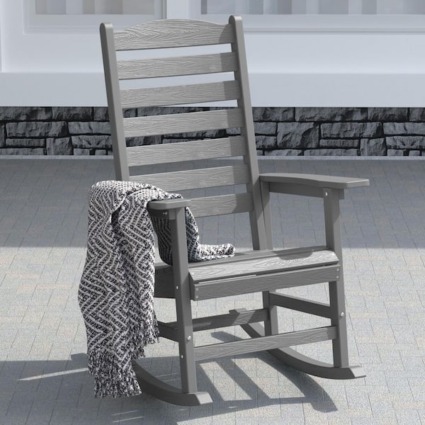 Mximu Gray All Weather Resistant HIPS Plastic Patio Outdoor Rocking Chair for Lawn, Porch, Indoor and Garden