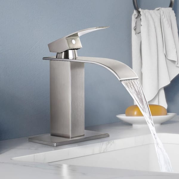 Waterfall Spout 1-Handle Low Arc 1-Hole Bathroom Faucet with Deckplate Included in Brushed Nickel