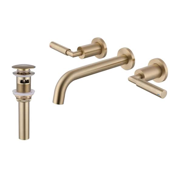 Double Handle Wall Mounted Bathroom Faucet with Pop-up Drain in Brushed Gold