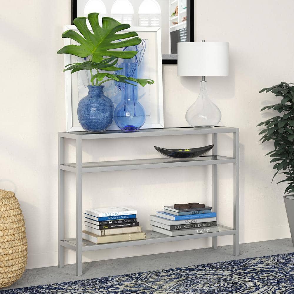 Satin Nickel Industrial Console Table with Tempered Glass Shelves