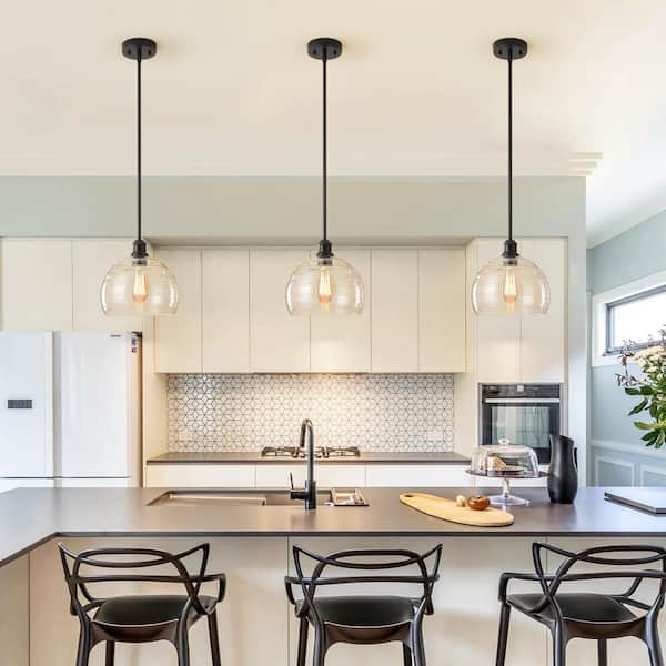 Kyra 1-Light Modern Black Ribbed Glass Globe Dome Kitchen Island Pendant Light
