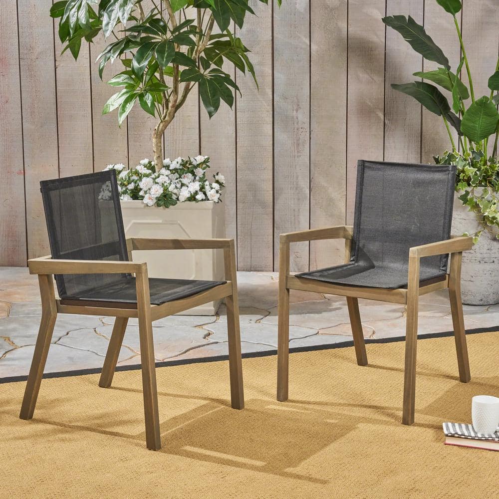 ITOPFOX Wood and Mesh Outdoor Dining Chair in Grey Set of 2