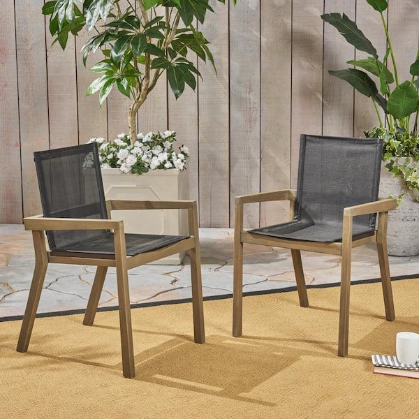 ITOPFOX Wood and Mesh Outdoor Dining Chair in Grey Set of 2