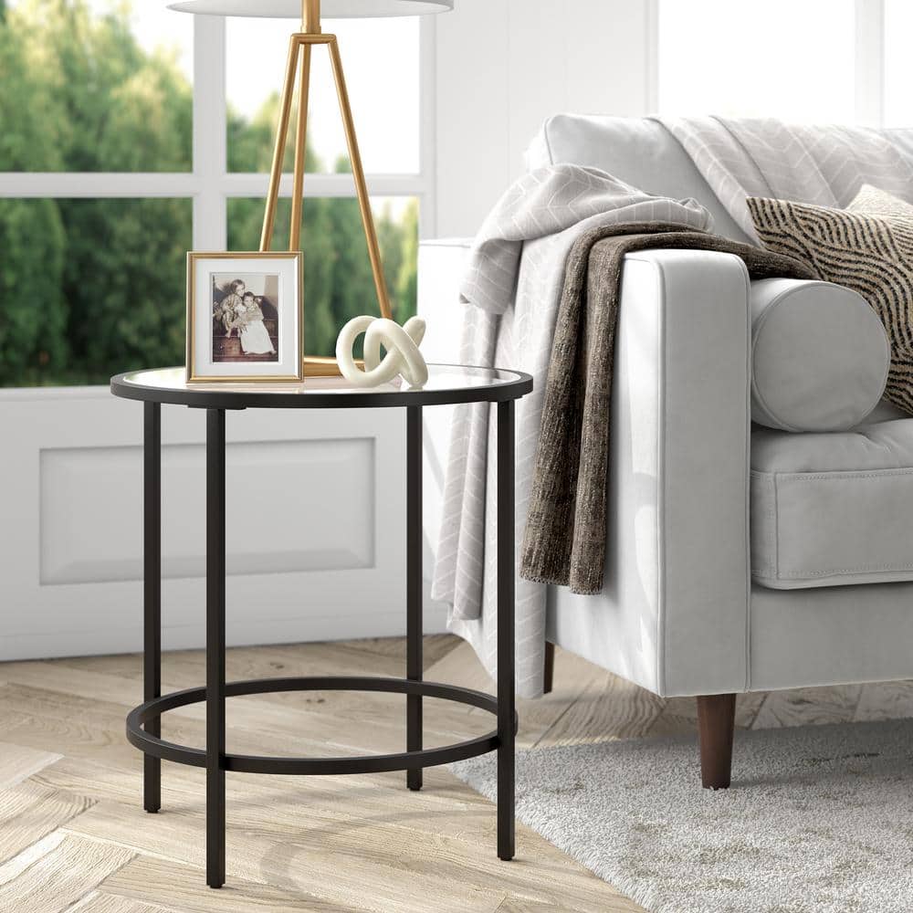 Modern Round Black Metal Side Table with Tempered Glass Top
