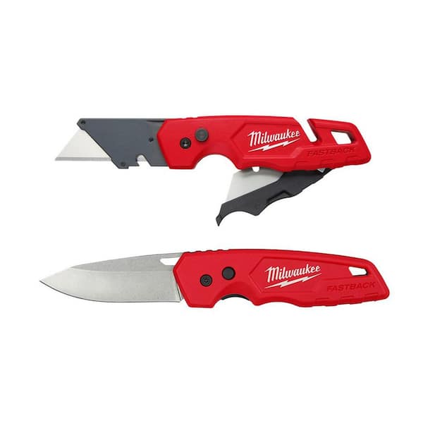 Milwaukee FASTBACK 1 in. Folding Knife with Blade Storage and FASTBACK Stainless Steel Folding Knife (2-Pack)