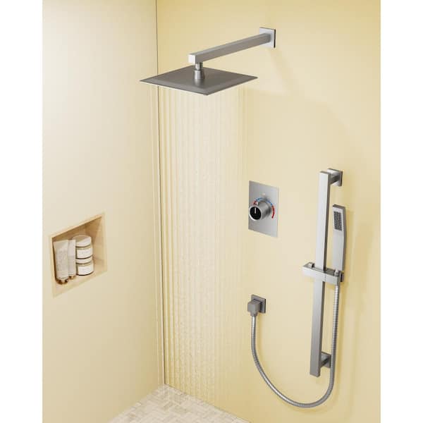 2-Spray 10 in. Wall Mount Dual Fixed and Handheld Shower Head in Brushed Nickel (Valve Included)