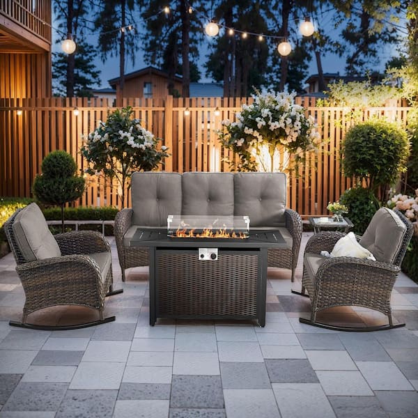 Bellefurn Rotavia 5-Piece Brown Wicker Patio Conversation Set with Gray Cushion and Retangular 50000 BTU Gas Fire Pit Table